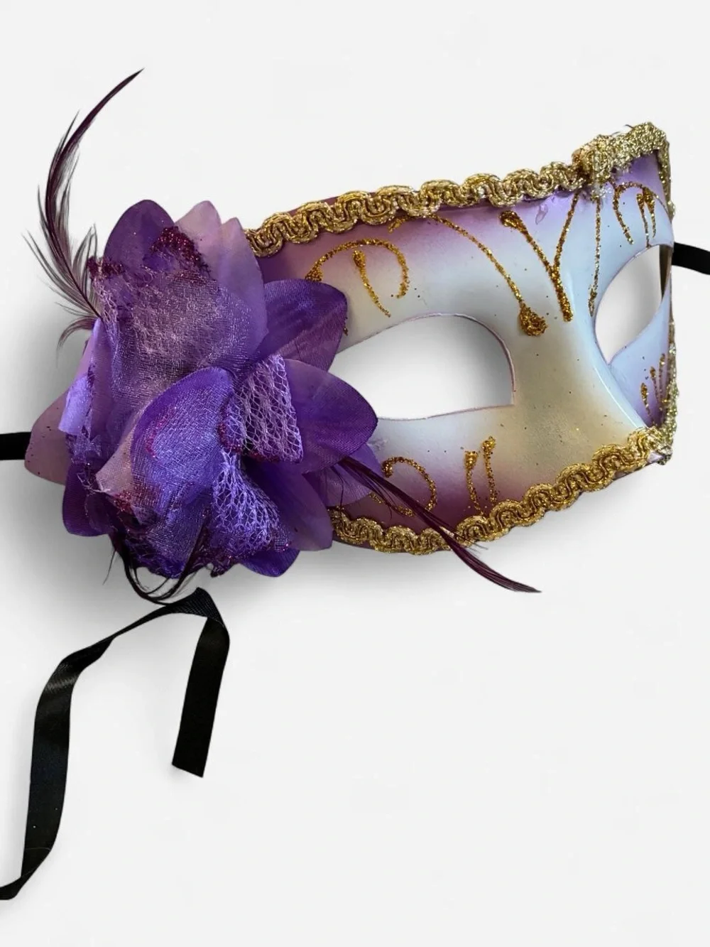 Purple and Gold Venetian Masquerade Eye Mask with Purple Flower Accent